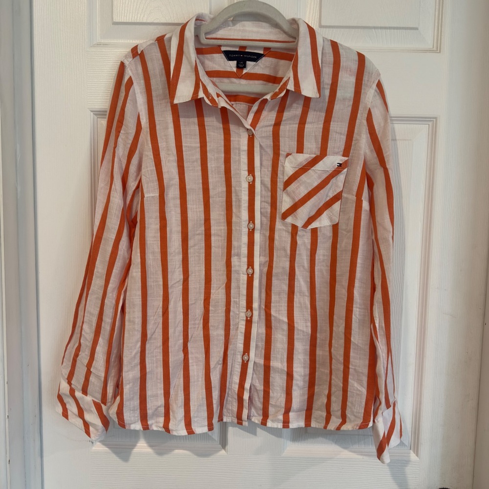 Tommy Hilfiger Womens Orange White Striped Cotton Button Down Shirt Large